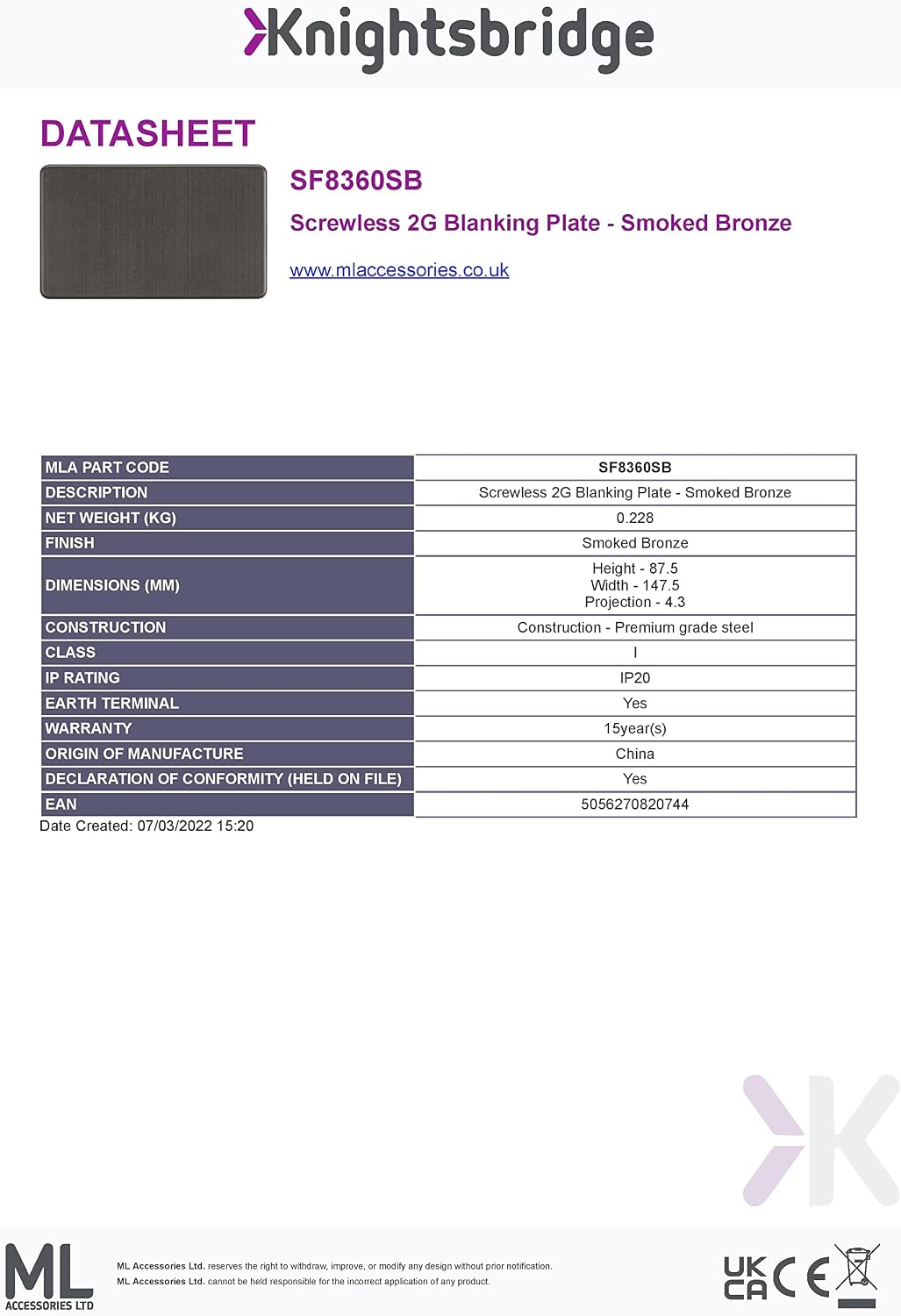 Screwless 2G Blanking Plate, Smoked Bronze - Image 3