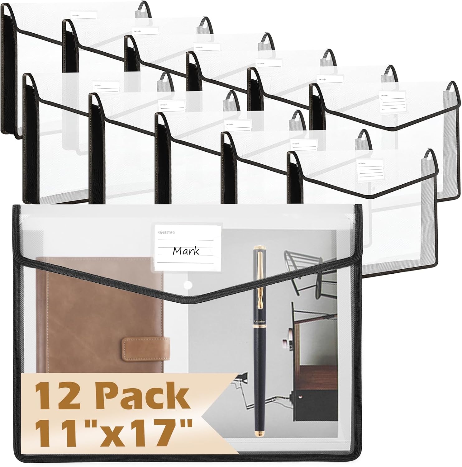 12 PCS 11 x 17 Inch Expandable Tabloid Size Document Folder with Label A3 Plastic Folders for Documents Black Expanding File Wallet Envelope Size Waterproof Clear Plastic File Pouch for Office