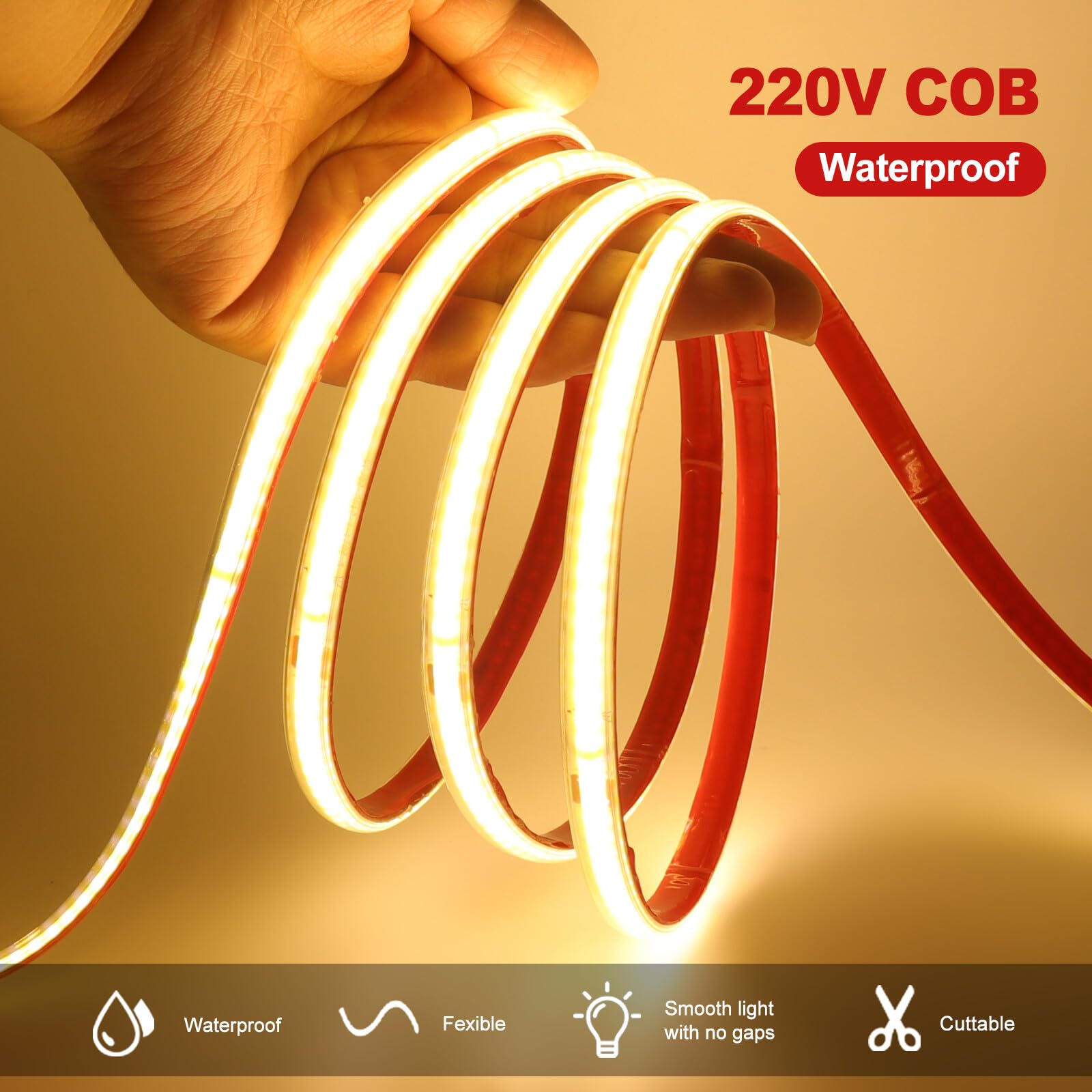 Tira LED COB 220V [20M, Blanco Cálido 3000-3500K],IP65 impermeable flexible,240 LEDs/m Tira LED FCOB CRI85+,cortable cada 10cm,Decoración para el hogar - Sin fuente de alimentación