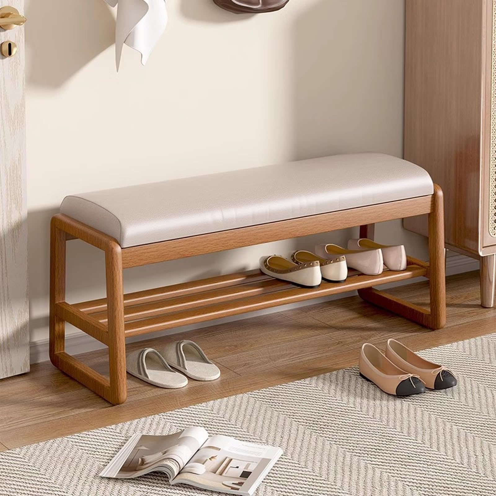 Banc à chaussures d'entrée rembourré en finition naturelle haut de gamme
