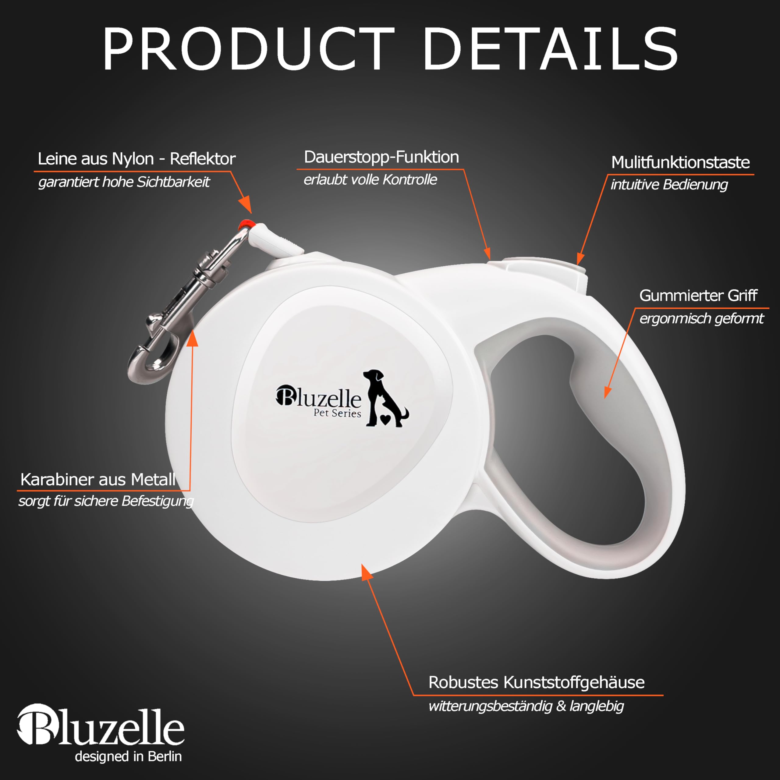 bluzelle 8m Lange Hundeleine für Hunde bis 50kg, Flexible Rollleine Neon-Orange Leuchtender Reflektor-Gurt mit 360° Karabinerhaken Metall, Ergonomischer Griff Grau Gummiert & Einzugs-Bremse, Weiß
