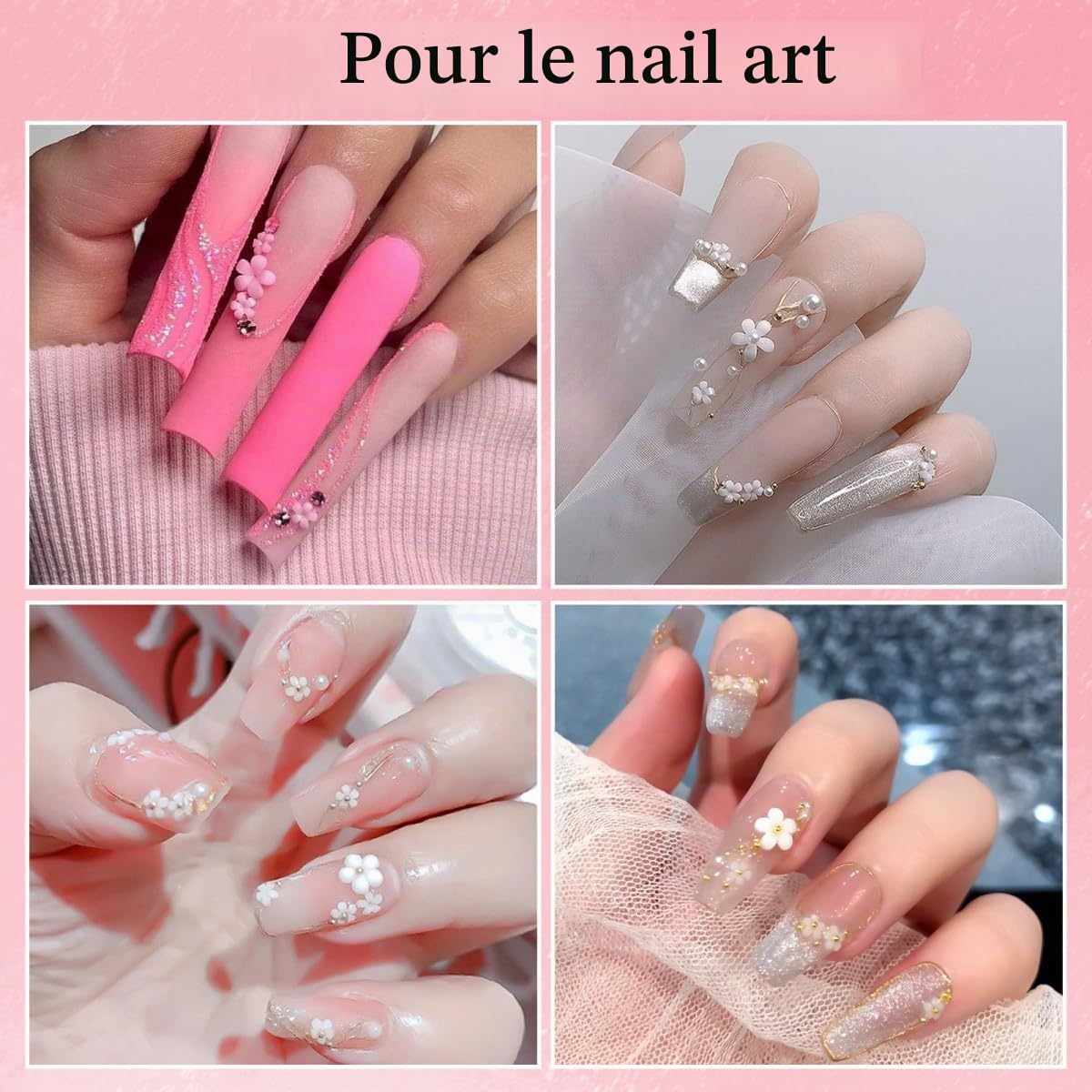 Lot de 2 boîtes de breloques pour ongles 3D (nœud, fleur, demi-perle), fleurs roses pailletées et nœuds, accessoires décoratifs pour manucure et loisirs créatifs