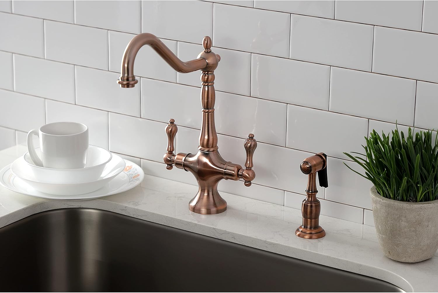 Kingston Brass KS177ALBSAC Heritage 2-Handle Kitchen Faucet with Side Sprayer, Antique Copper Finish, 8.5-Inch Spout Reach