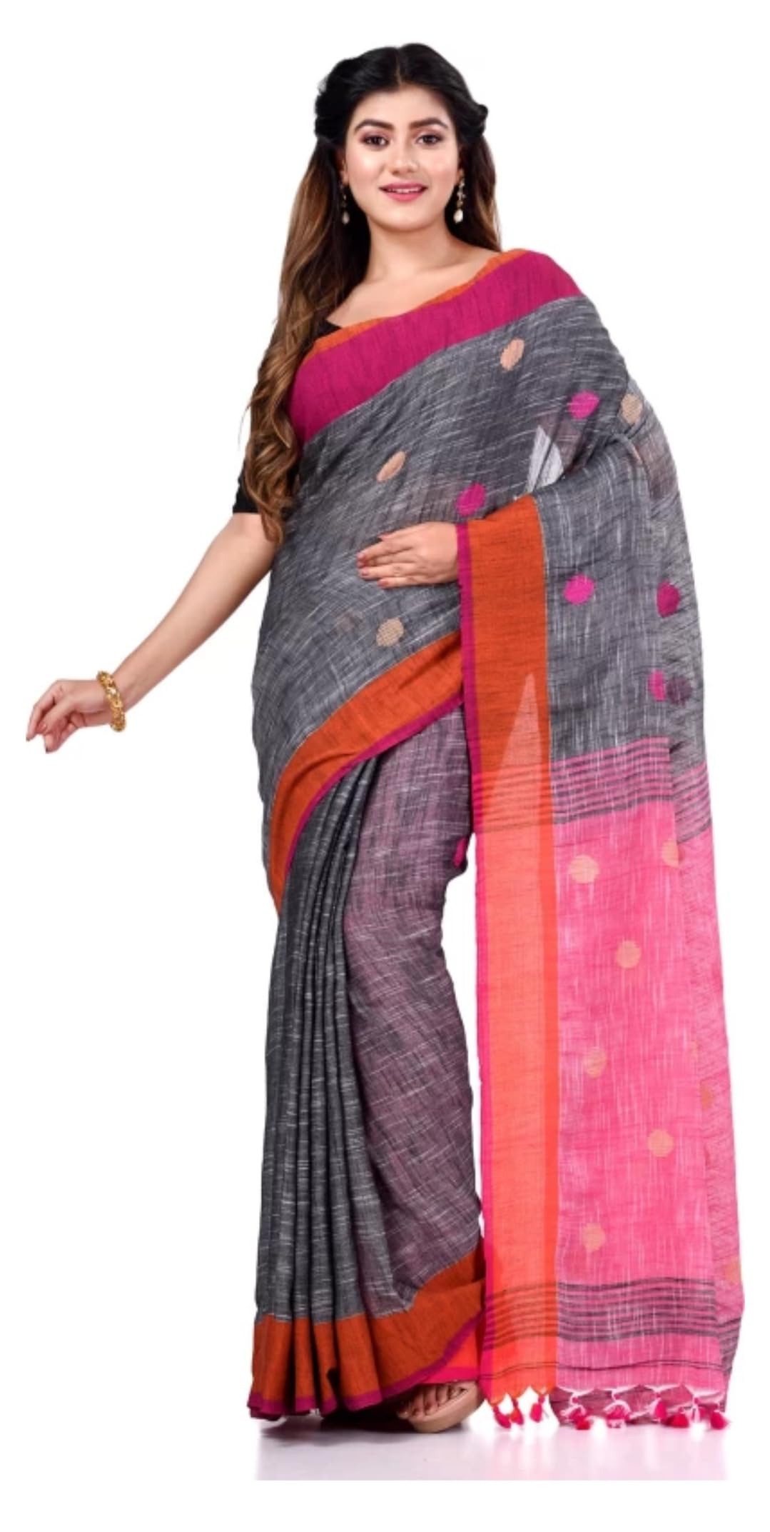 Women's Traditional Bengal Tant Pure Handloom Cotton Saree Gray-image-42