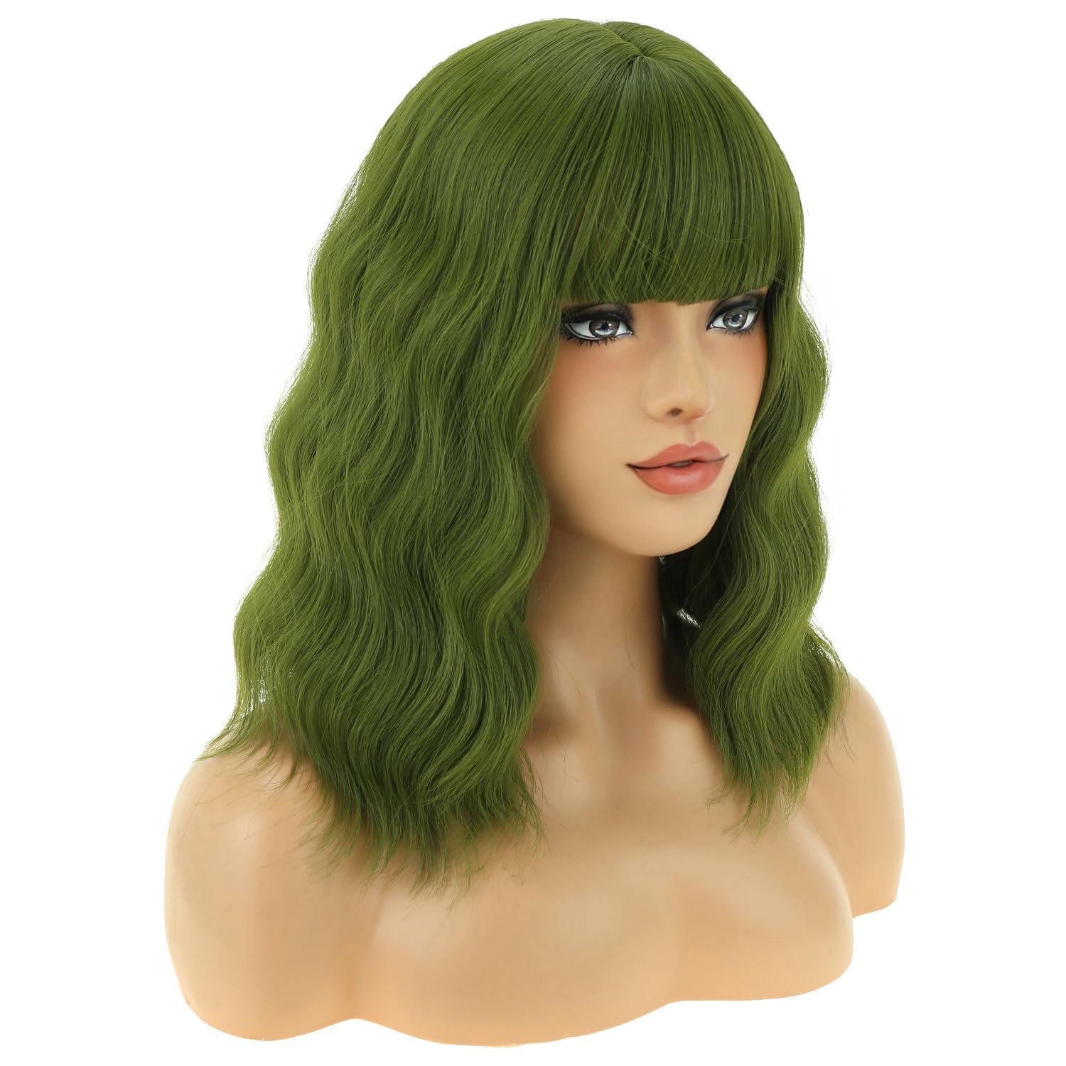 BERON 14-Inch Short Curly Synthetic Wig with Bangs and Wig Cap