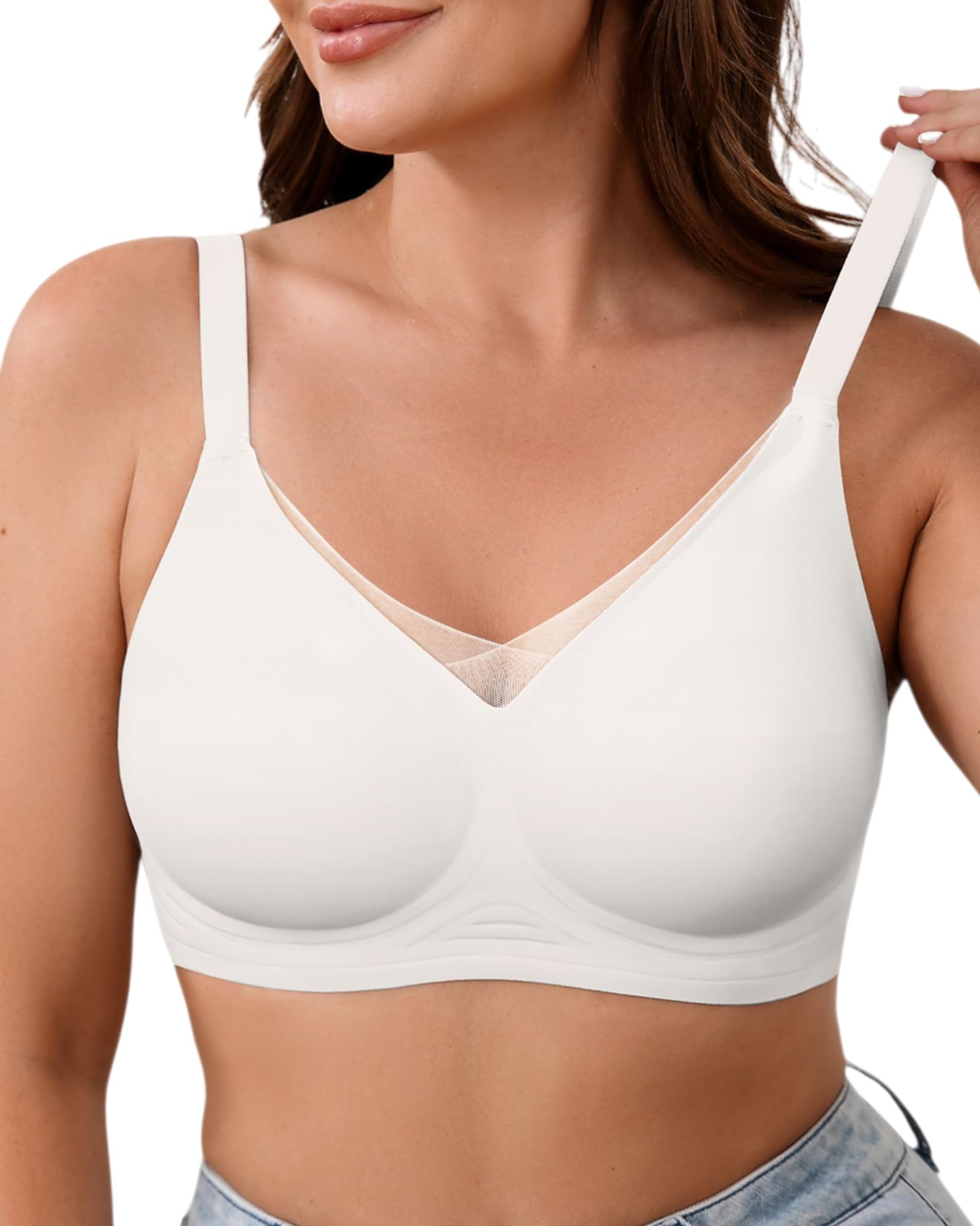 ZEBELL Wireless Bras for Women No Underwire, M-2XL, Seamless V Mesh Bralette with Support, Comfortable Everyday T-Shirt Bra