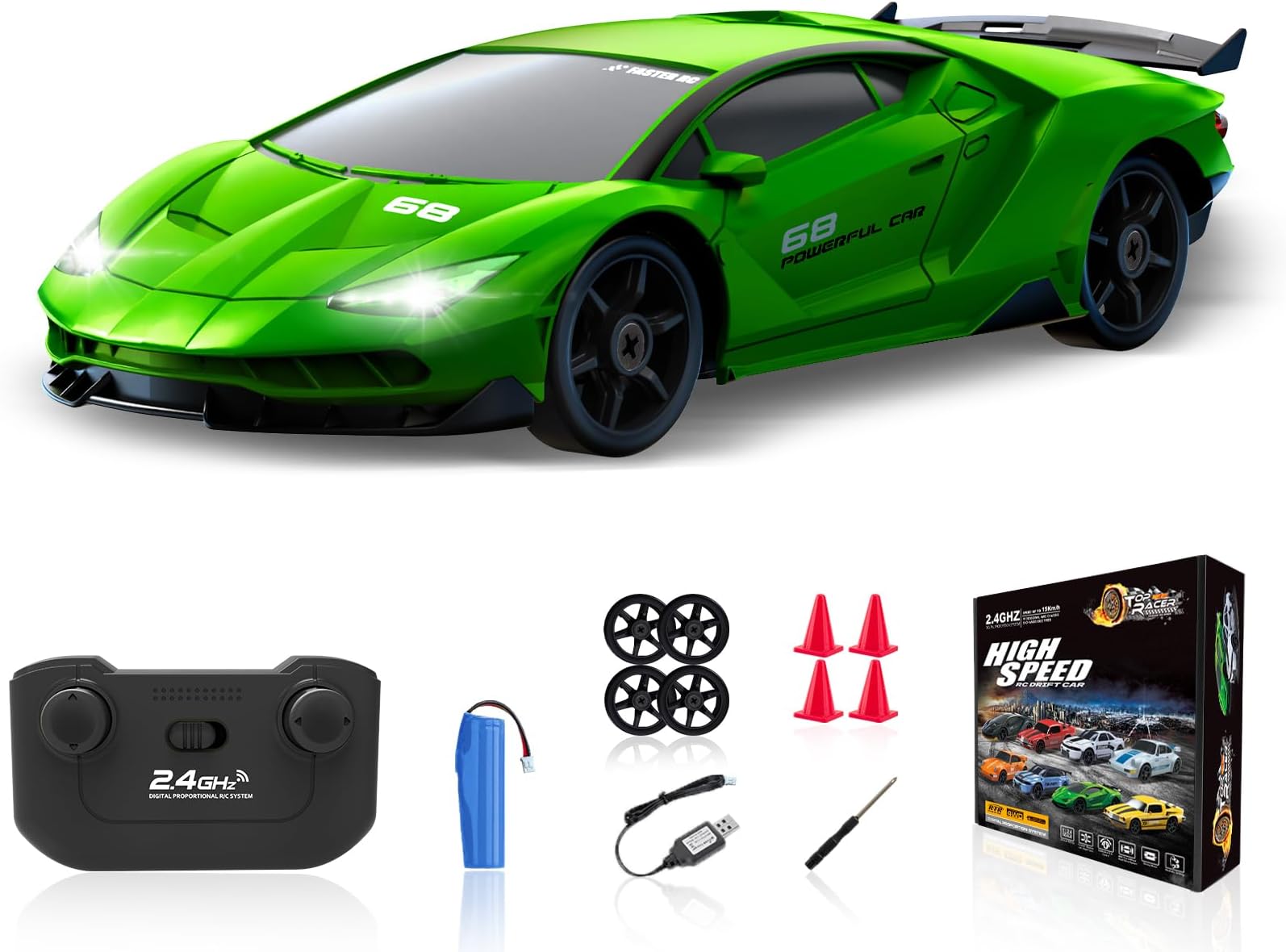 RC Drift Car 1/24 2.4GHz Remote Control Car 4WD High Speed Drifting Cars with Light Rechargeable Battery and Drift Tires RC Cars Toys for Kids Adults Girl Boys, Green