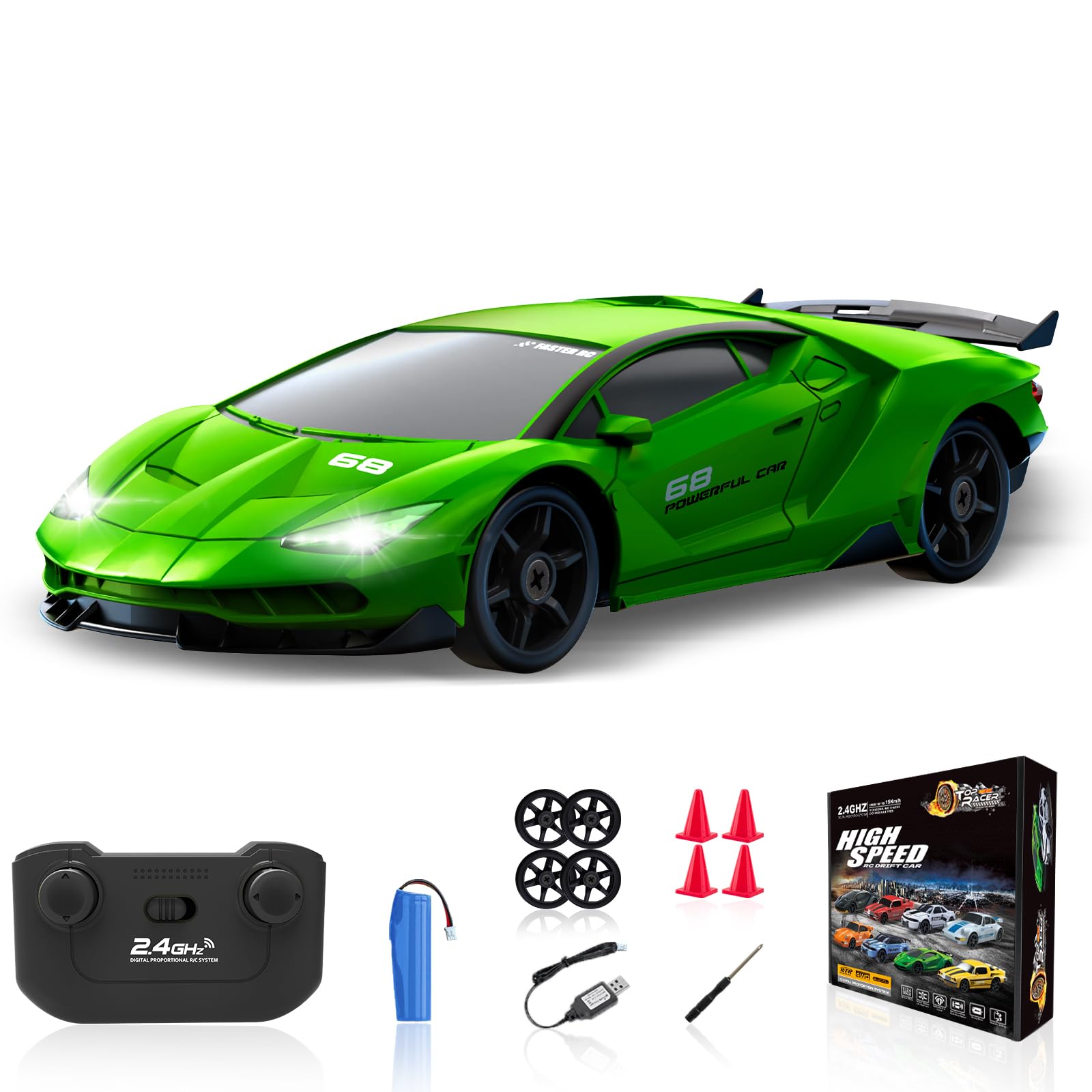 YUAN PLANRC Drift Car 1/24 2.4GHz Remote Control Car 4WD High Speed Drifting Cars with Light Rechargeable Battery and Drift Tires RC Cars Toys for Kids Adults Girl Boys, Green