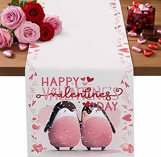 Valentines Table Runner Pink Love Heart Penguin Valentines Table Runner 13x90 inch Balloon Spot Romantic Table Cloth Runner for Kitchen Dining Table Decorations