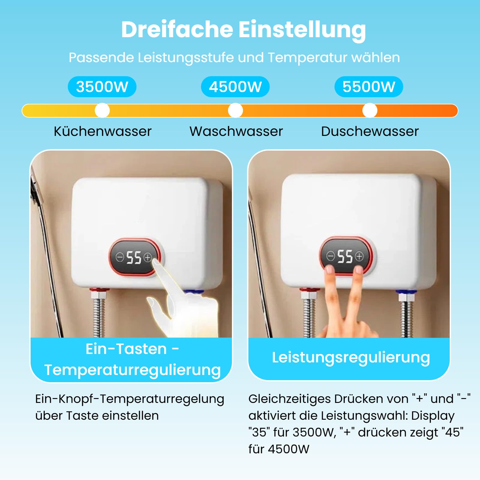 Mini Durchlauferhitzer, 3500-5500W 220V Elektrische Warmwasserbereiter IPX4 Schutz mit LED-Temperaturanzeige, Plug-and-Play Heißwasser für Dusche, Küche, Bad