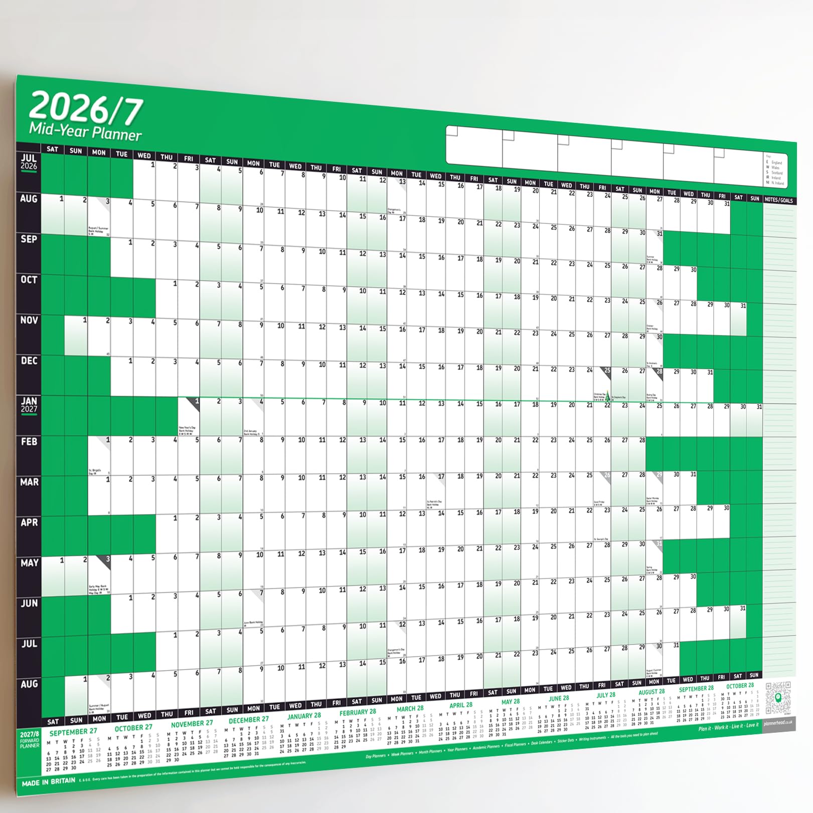 PlannerHead 2026/27 Academic Wall Planner/July 2026-August 2027 Calendar UK/Unmounted Unlaminated Year Planner Poster/Green A2+ 43cm x 62cm (Rolled)