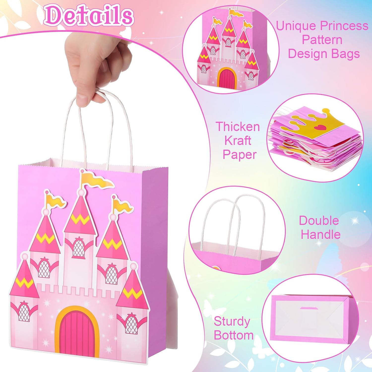 MotiMind 16pcs Princess Party Favor Bags Princess Castle Crown Goodie Gift Candy Treat Paper Bags with Handles for Birthday Gender Reveal Baby Shower Wedding Supplies - Image 4
