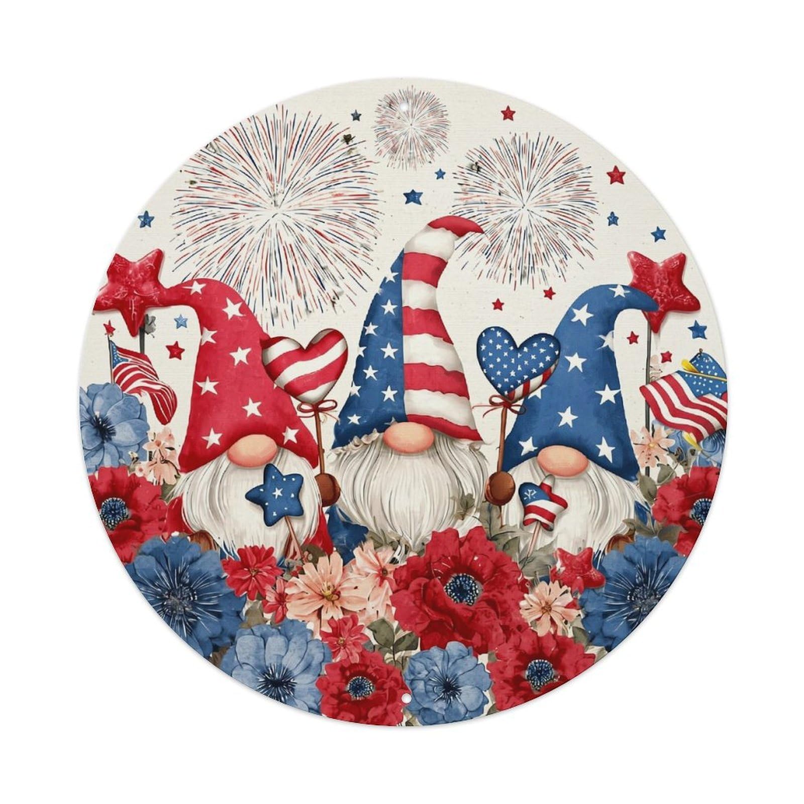 Patriotic Gnomes With Fireworks Flowers Vintage Metal Tin Sign Retro Wall Decor for Home Bar Garage Cafe, Indoor & Outdoor Decorative，circle Metal Poster, 8x8 Inch