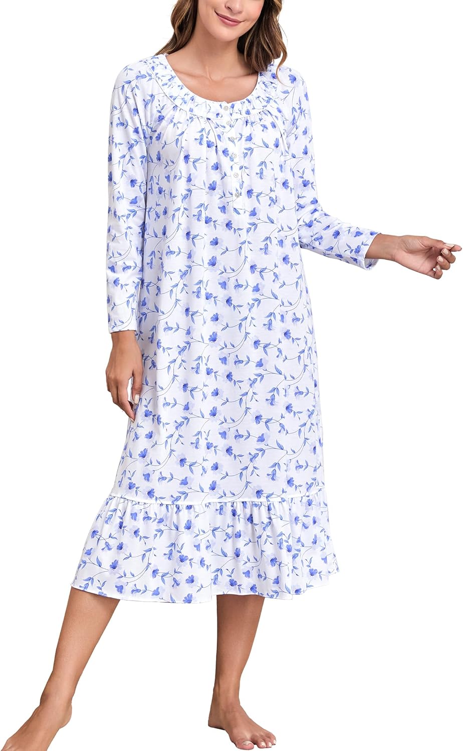 MZROCR Cotton Nightgowns for Women Soft Long Sleeve Night Gowns for Adult Women Comfy Night Shirts Lightweight SleepwearBlue morning glory on white Small