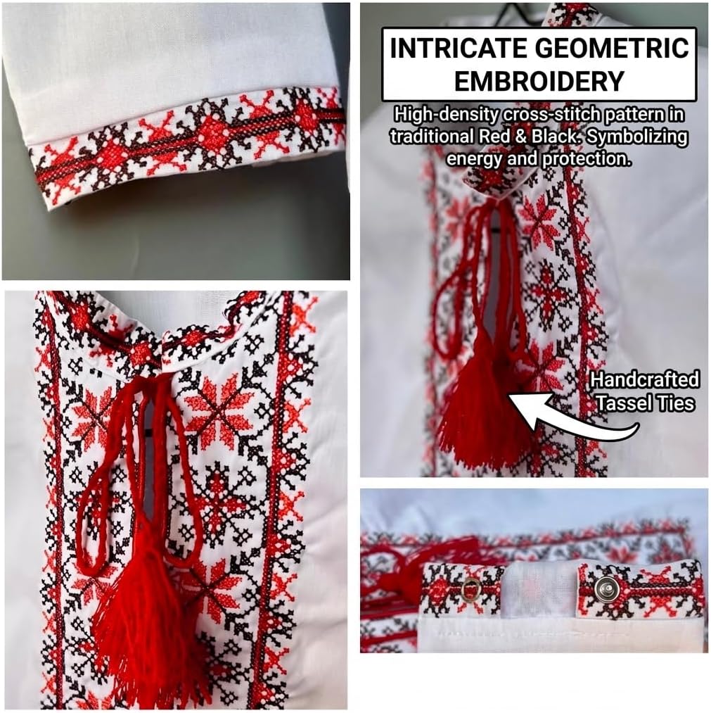 Skrynia Boys' White Embroidered Shirt Red Black Geometric Vyshyvanka Long Sleeve School & Holiday Top Comfortable Fit