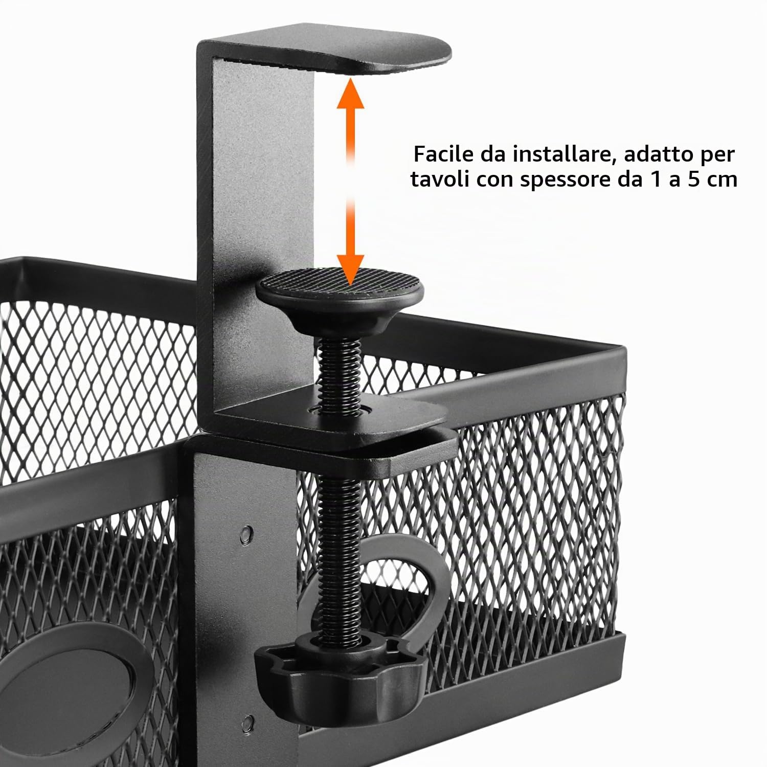 QWORK® Portaoggetti sotto la scrivania, Organizer da scrivania, Rotazione a 360°, Portaoggetti da ufficio a morsetto, Design in rete metallica