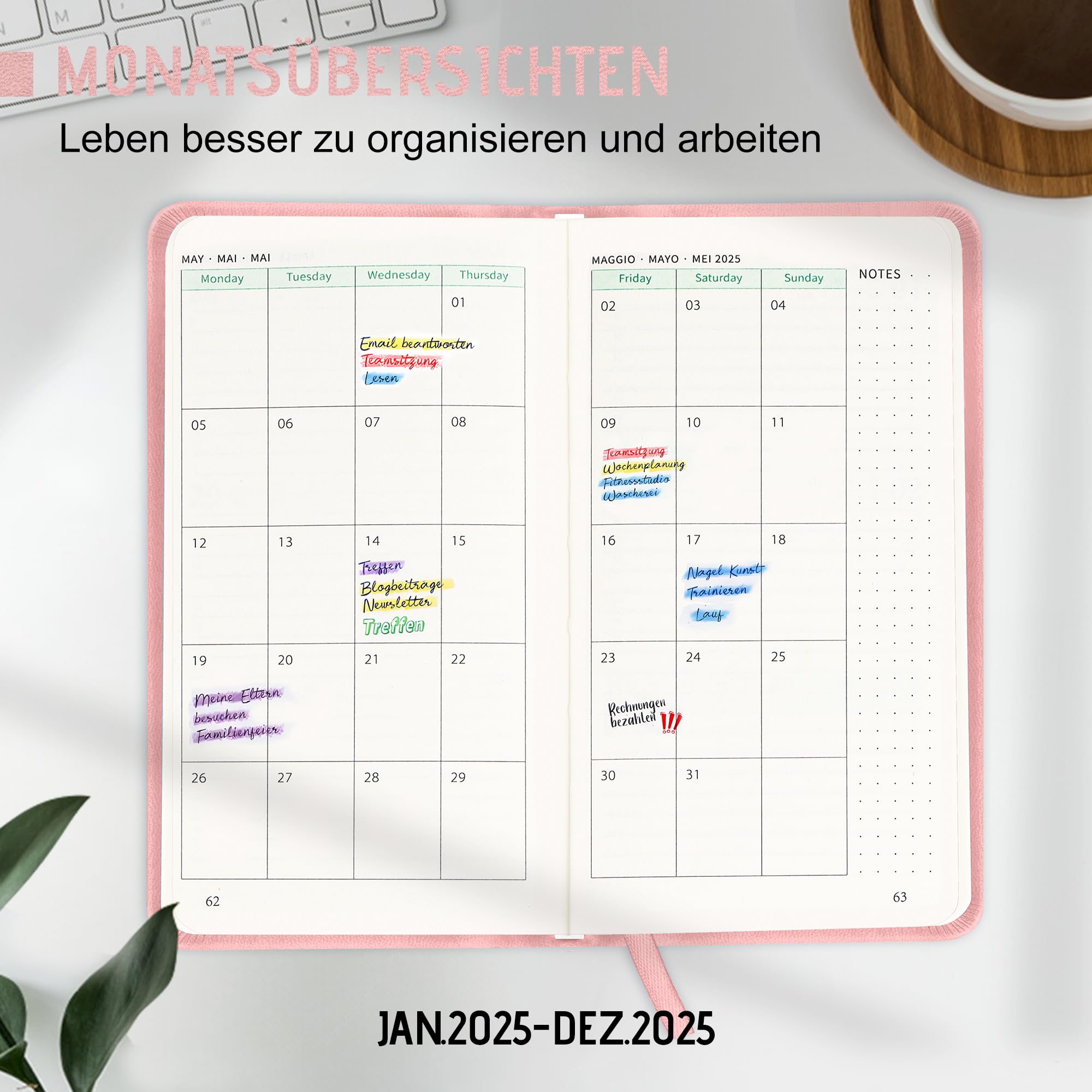 Jokisa Agenda Settimanale 2025 Tascabile, Agenda 2025 Piccola 1 Settimana 2 Pagine, Planner 2025 con Chiusura a Elastico e Segnalibro, circa A6 (16,5 x 9,5 cm), Gen.2025-Dic.2025