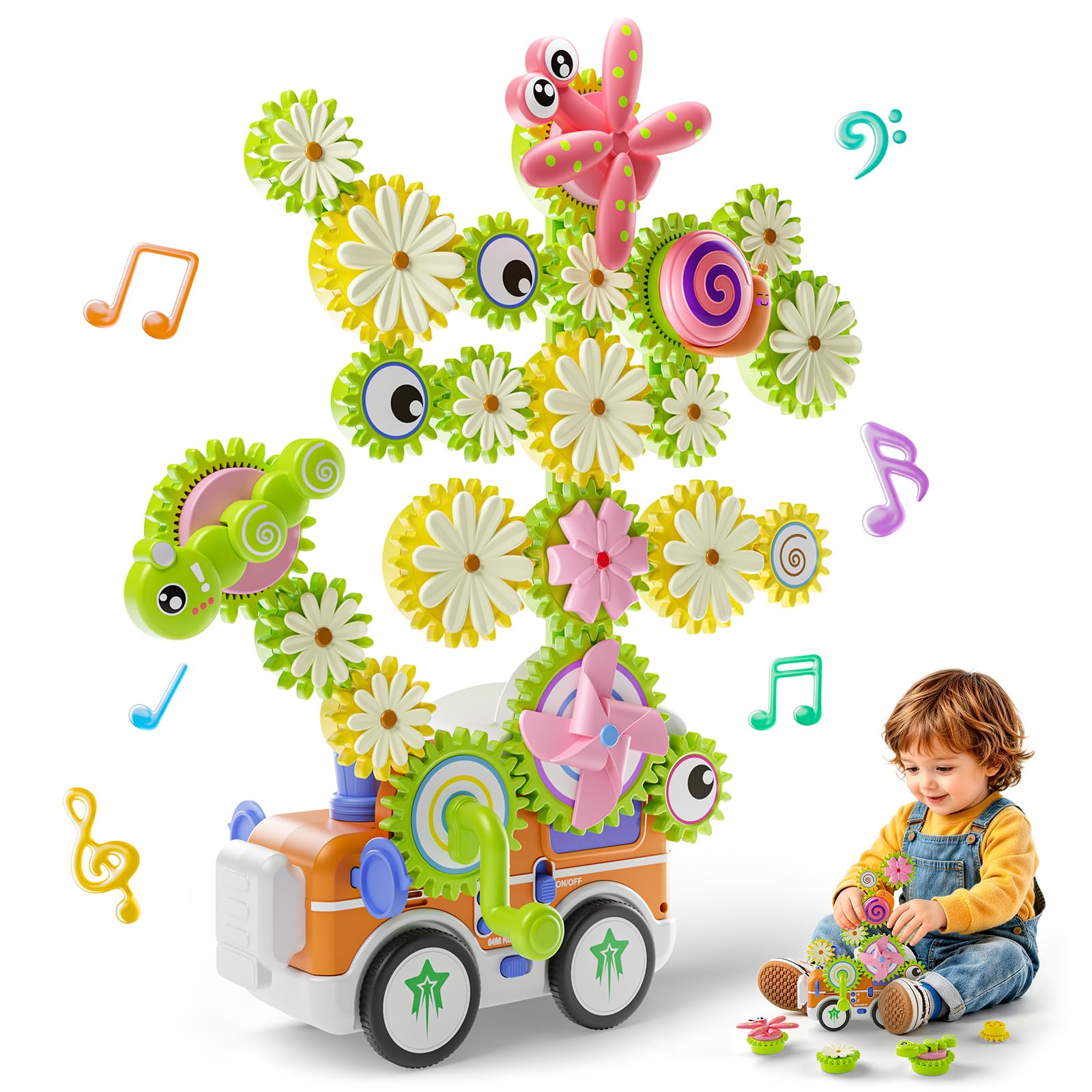 HEMRLY Light-Up Musical Train Gear Building Set with Flower Gears Classic