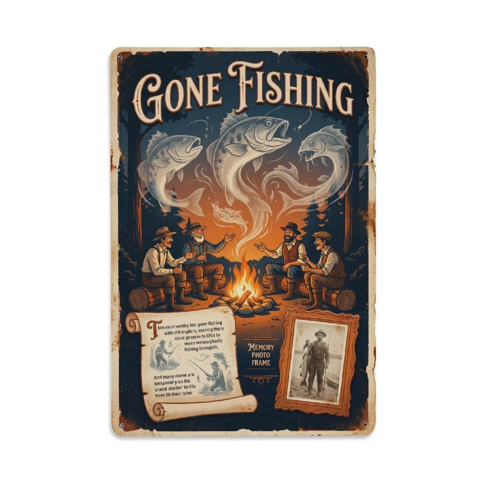 Gone Fishing Tales Memories Vintage Metal Tin Sign Plaque Wall Decor for Cafe, Club, Garden Metal Poster 8x12Inch