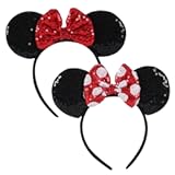 2PCS Mouse Ears Headband for Women, Shiny Sequin Bow Mouse Headbands for Birthday Party & Theme Paradise (DR)