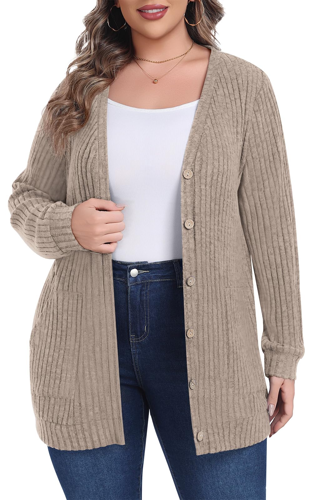 Lastshe Womens Plus Size Cardigan Sweaters Button Down Long Sleeve Fall Cardigans Knit Outwear with Pockets