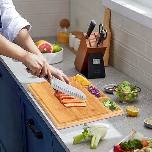 Miniatura 6 de HHXRISE Tabla para cortar de bambú orgánico para cocina con 3 compartimentos integrados y ranuras para el jugo tabla resistente para cortar carnes