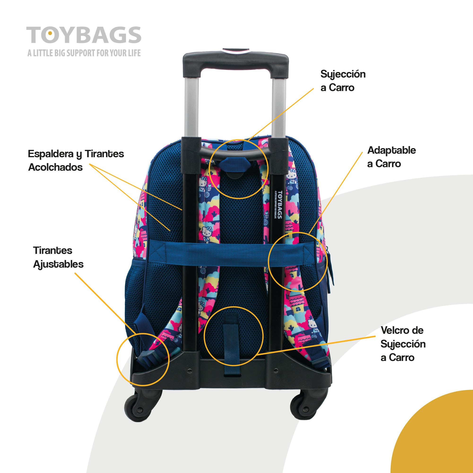 TOYBAGS Mochila Escolar Hello Kitty - Doble Compartimento Adaptable + Carro Negro Proteccion Lateral Y STOPER Frontal Anti CAIDA 4 Ruedas giratorias - 44 X 30 X 20 CM
