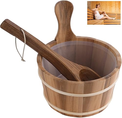 Wood Sauna Bucket and Ladle, 1 Gallon (4L) Handmade Cedar Wooden Sauna Bucket with Plastic Liner, Hot Tub Barrel, Natural Wood Bucket, Accessories