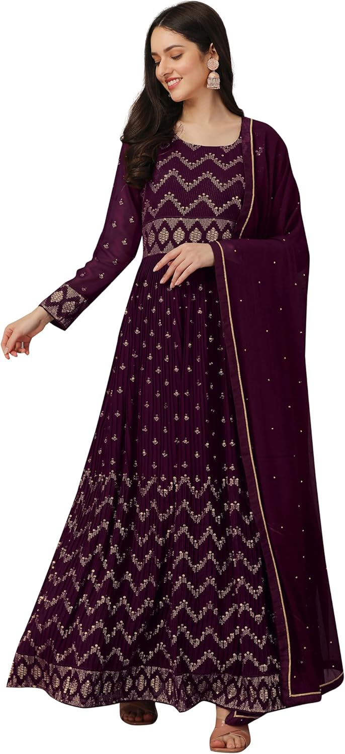 Costume Anarkali Femme Brodé – Kurta Georgette, Salwar, Dupatta – Violet – Tenue Traditionnelle Élégante