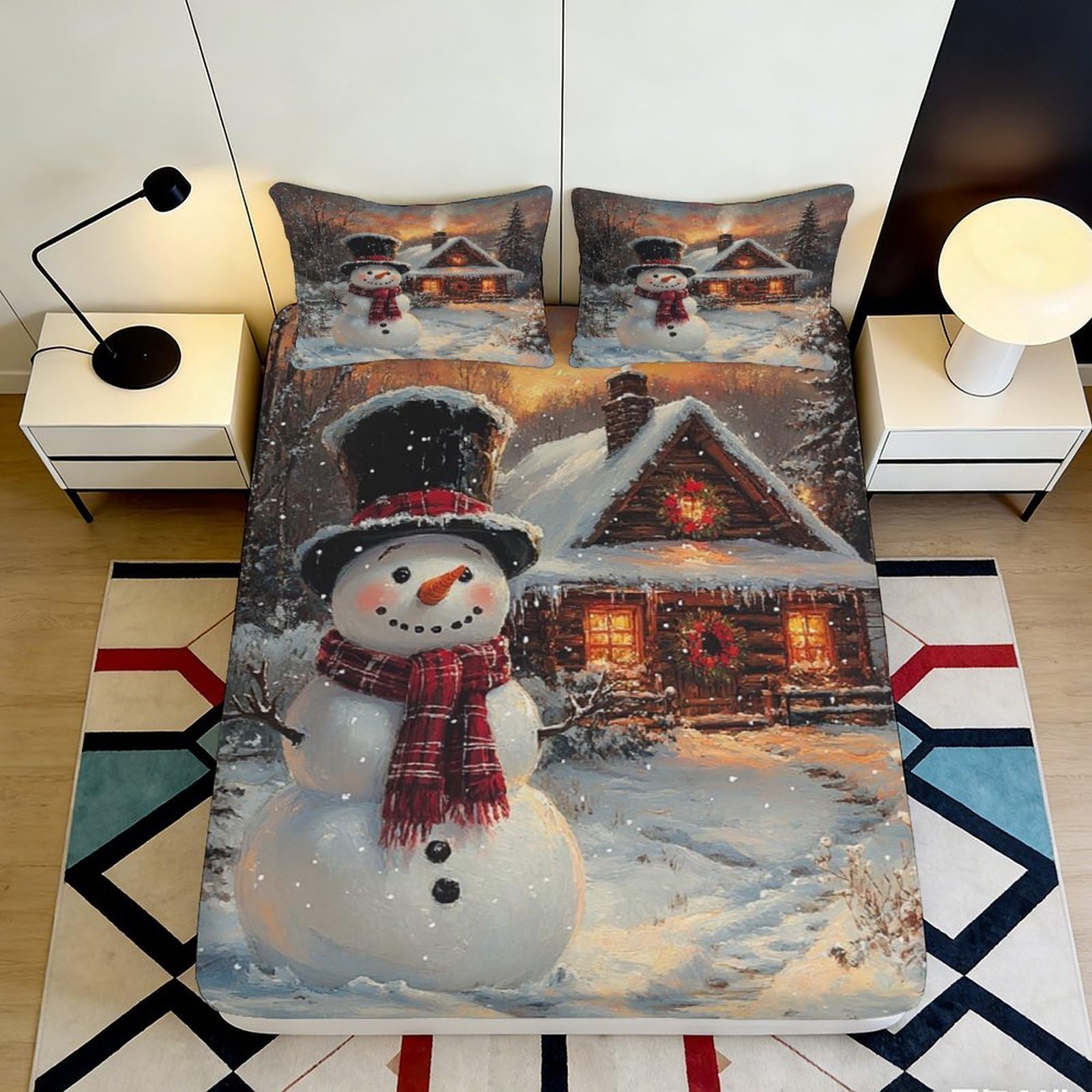 Jqzkxnhpbr Style-7 3D Printed Snowman Fitted Sheet Microfiber Soft Winter Cabin Bed Cover For Bedroom Dorm Mattress Protection Decor 90X200x25cm