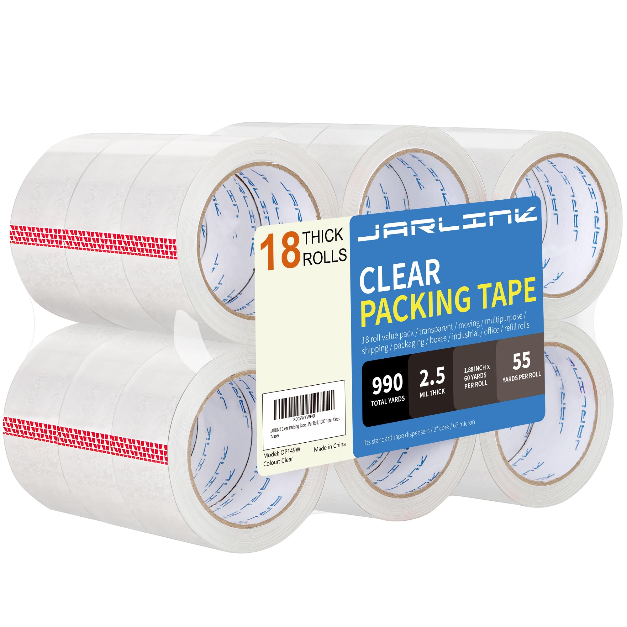 JARLINK Clear Packing Tape (18 Rolls), Heavy Duty Packaging Tape for Shipping Packaging Moving Sealing, 1.88 inches Wide, 55 Yards Per Roll, 990 Total