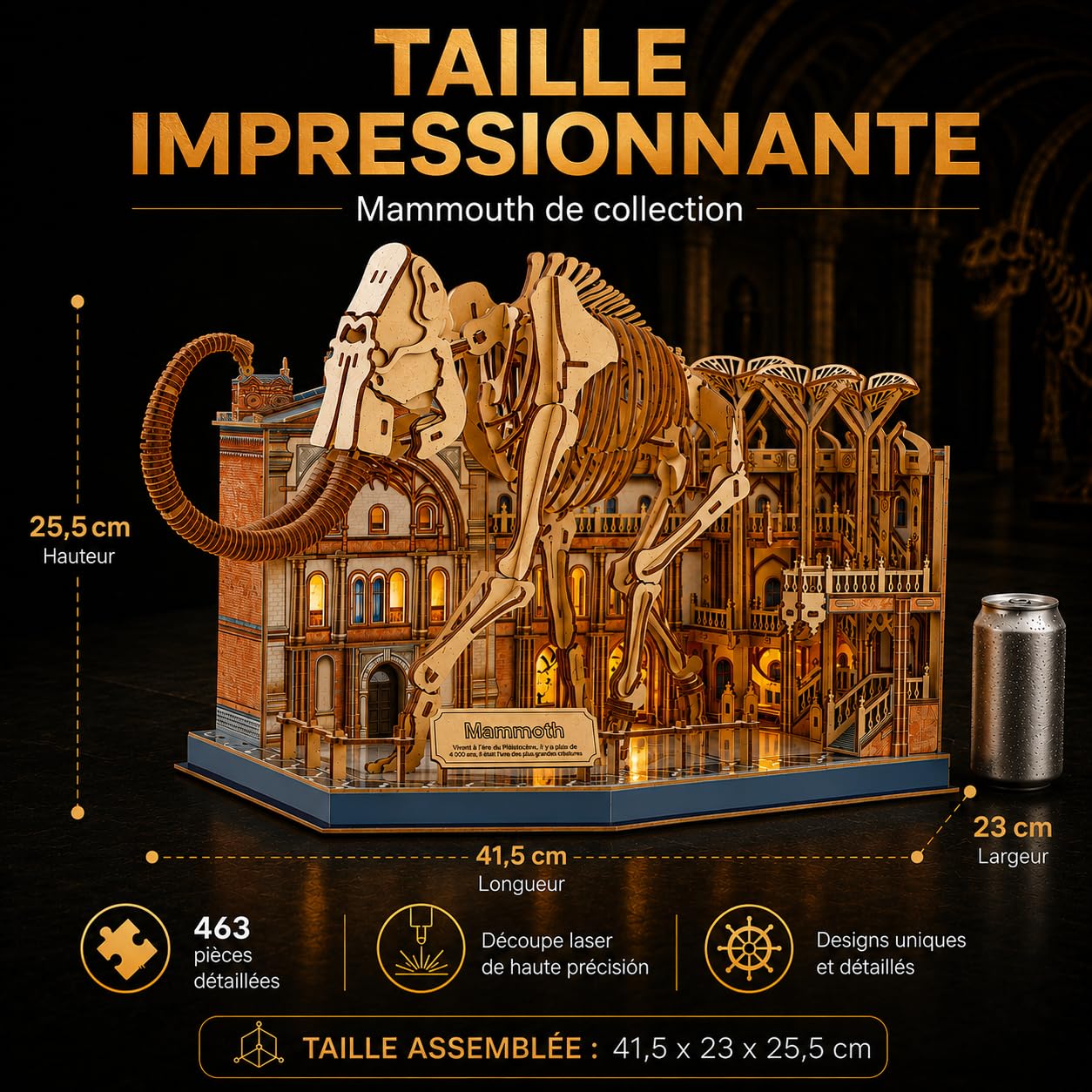 Puzzle 3D Bois Mammouth Museum LED | Puzzle 3D Squelette Préhistorique à Construire avec Lumière | Maquette en Bois DIY 464 Pièces | Construction Adulte et Enfant | Casse-Tête 3D Décoratif