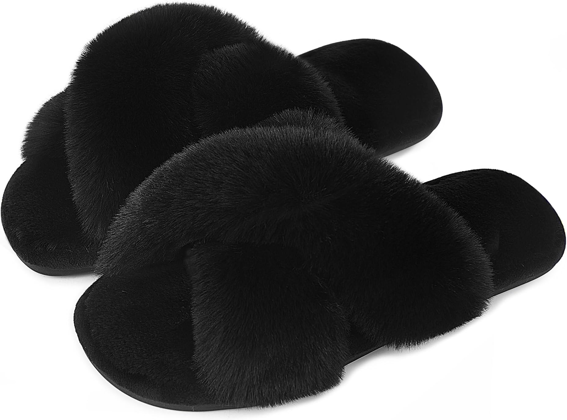 Womens Cross Band Slippers Cozy Furry Fuzzy House Slippers Open Toe Fluffy Indoor Shoes Outdoor Slip on Warm Breathable Anti-skid Sole