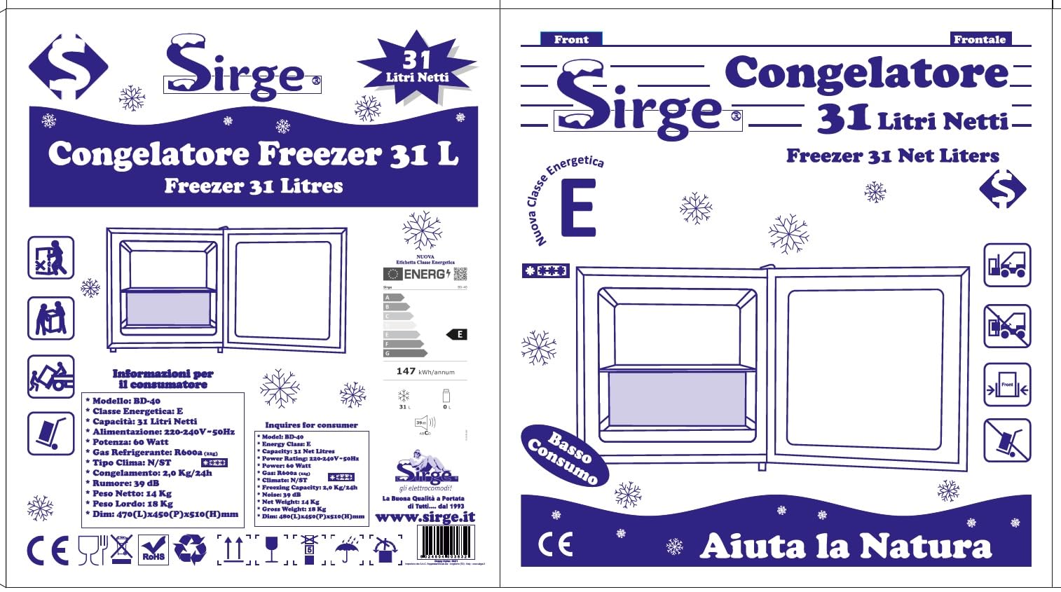 Sirge Freezer Mini Fridge 31 Litri - Dettaglio