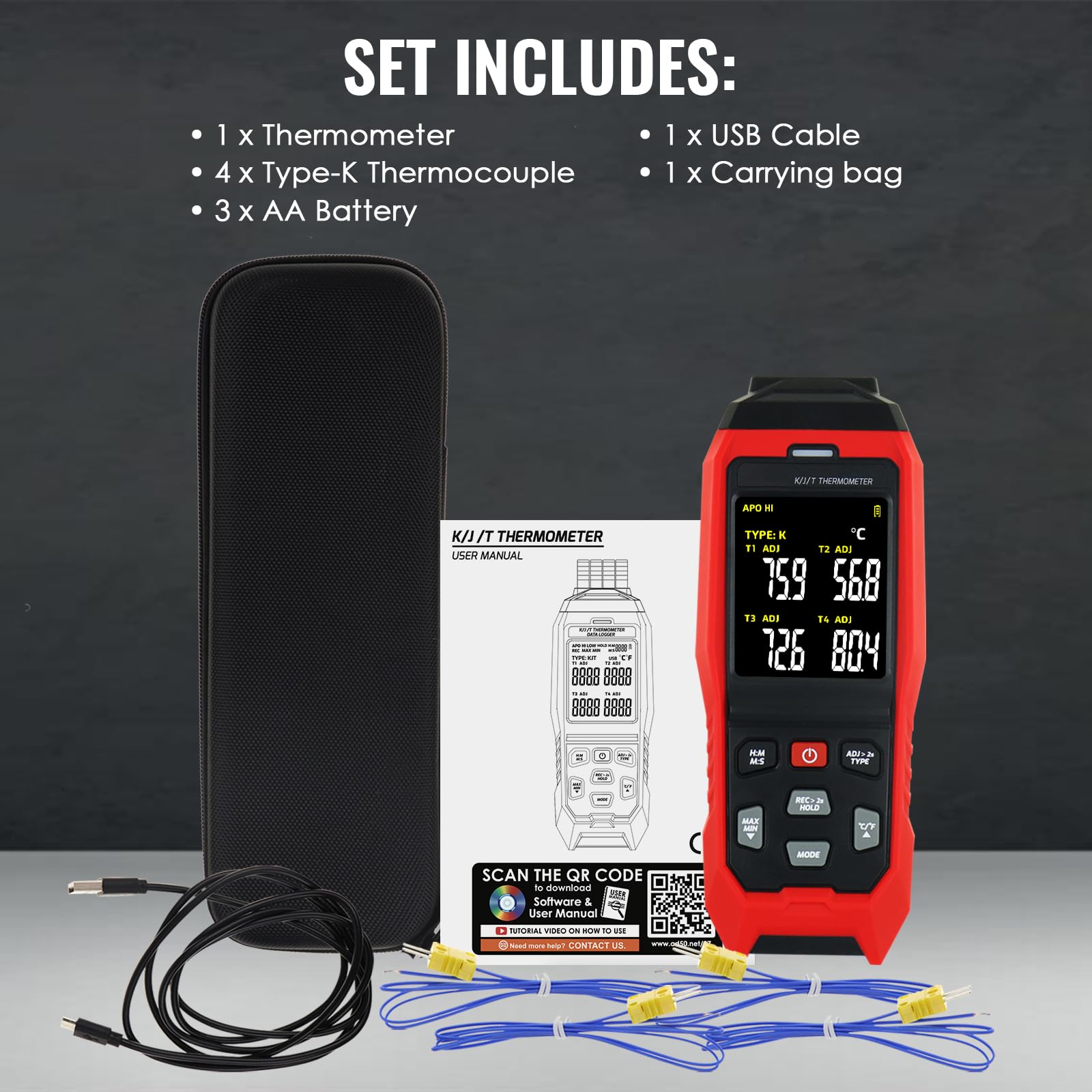 Termometro Datalogger Termocoppia K/J -328~2501°F, Display a 4 Canali, Registrazione Dati in Tempo Reale, Allarme Uditivo e Visivo