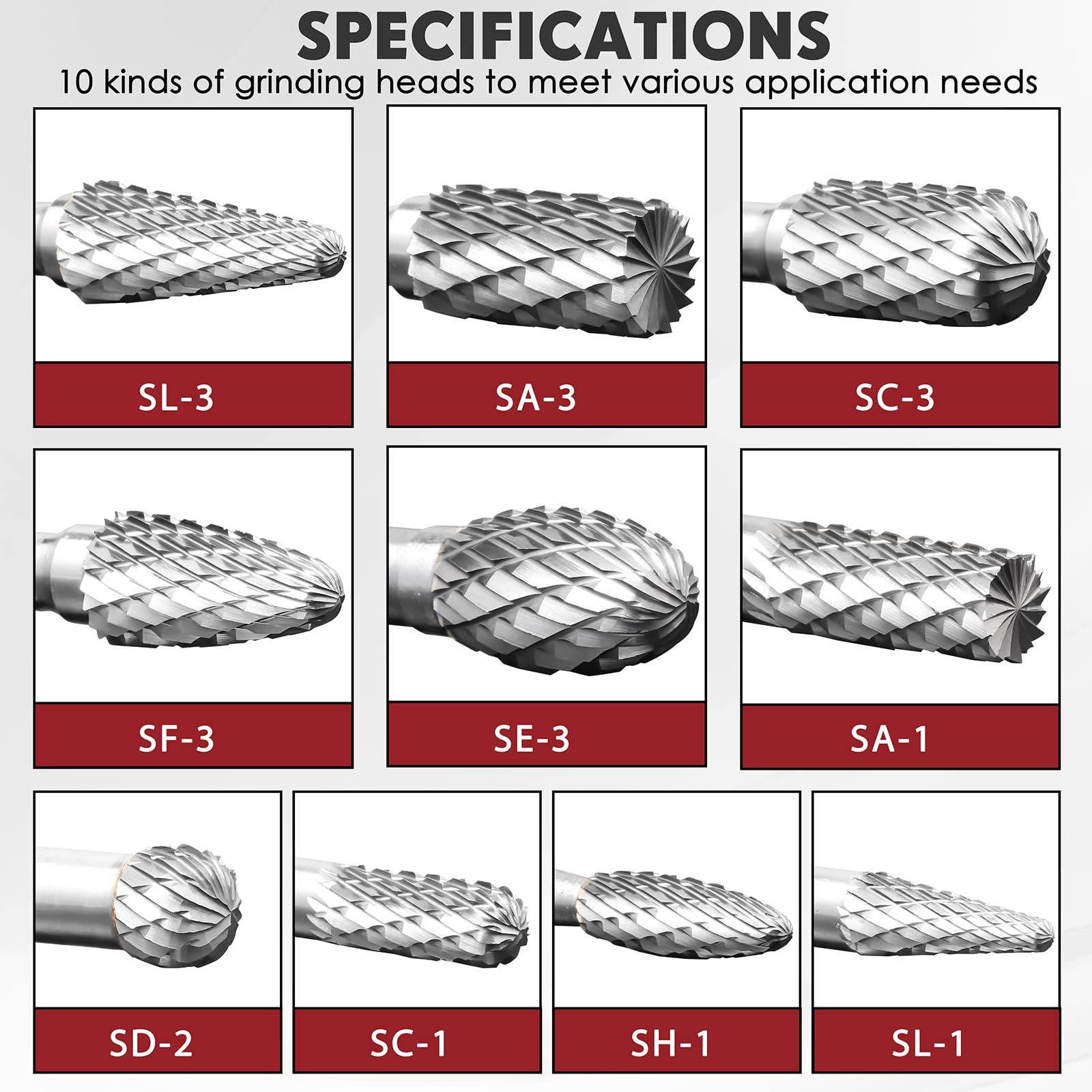 Carbide Burrs Set, 10 Pcs Double Cut Solid Tungsten Carbide Rotary Burr Set, 1/4 Inch Shank Die Grinder Bits, Rotary File for Die Grinder Metal Carving, Polishing, Engraving, Drilling — Amazon image 4