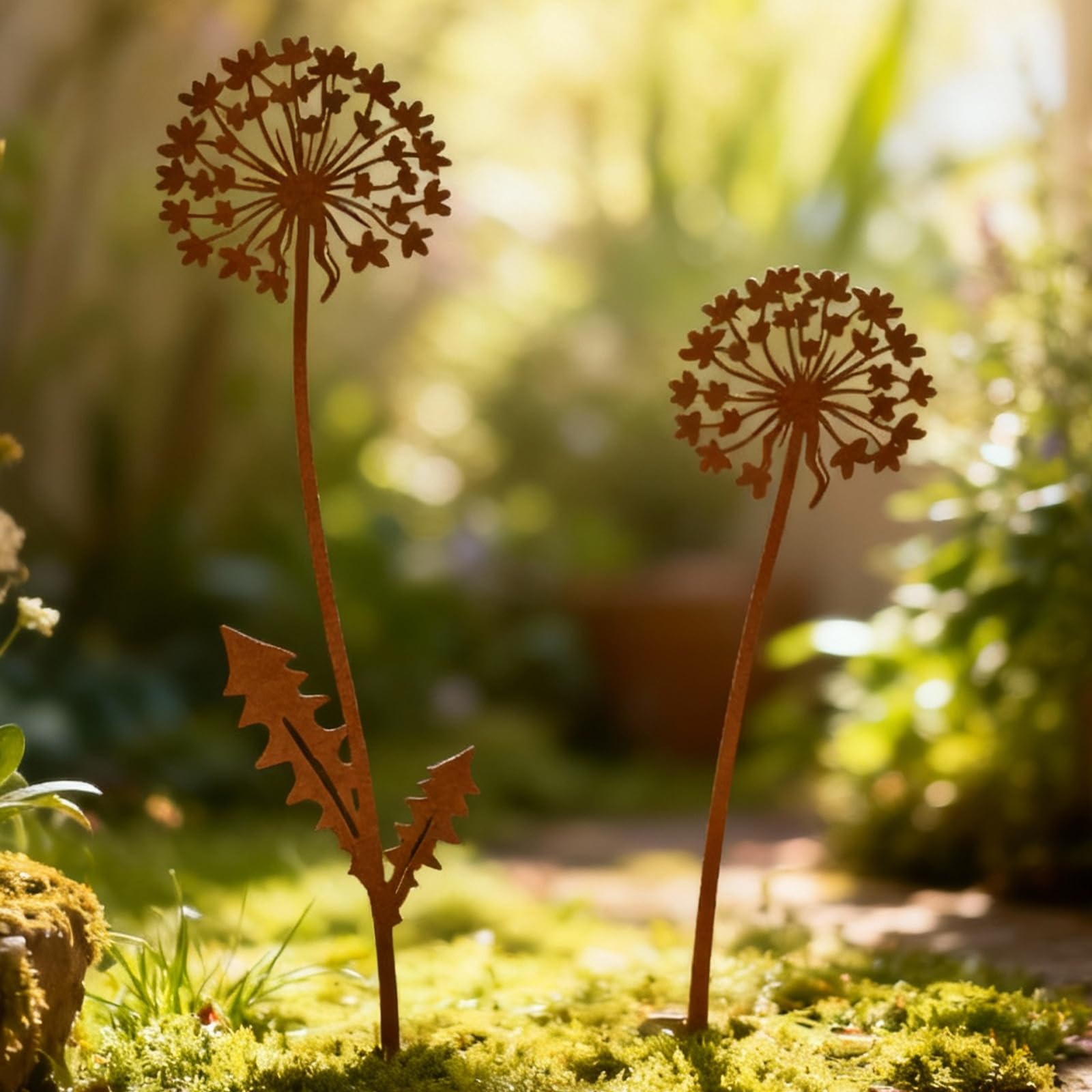 Scinzene 2er Set Gartenstecker Rost Pusteblume 28cm - Gartendeko Für Draußen Wetterfest Metall - Blumenstecker Edelrost Löwenzahn - Balkon Deko Wetterfest, Gartendeko Rost - 1