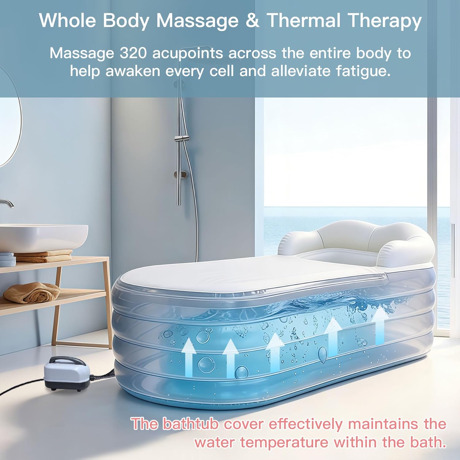 Inflatable Bathtub Bubble Massage Mat, Portable Adult Spa Bathtub, All-in-one Wavemaker and Air Pump, Adjustable Bubble Settings - Includes Remote Control, Inflatable Backrest and Atmosphere Lighting