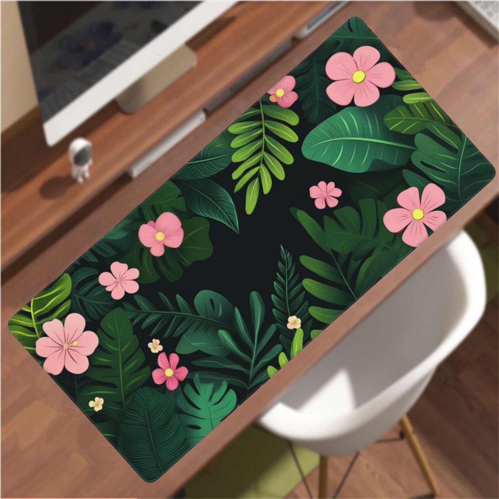 Tapis de Souris XXL 90 x 40 cm, Feuille Verte & Fleur Tapis de Bureau G663