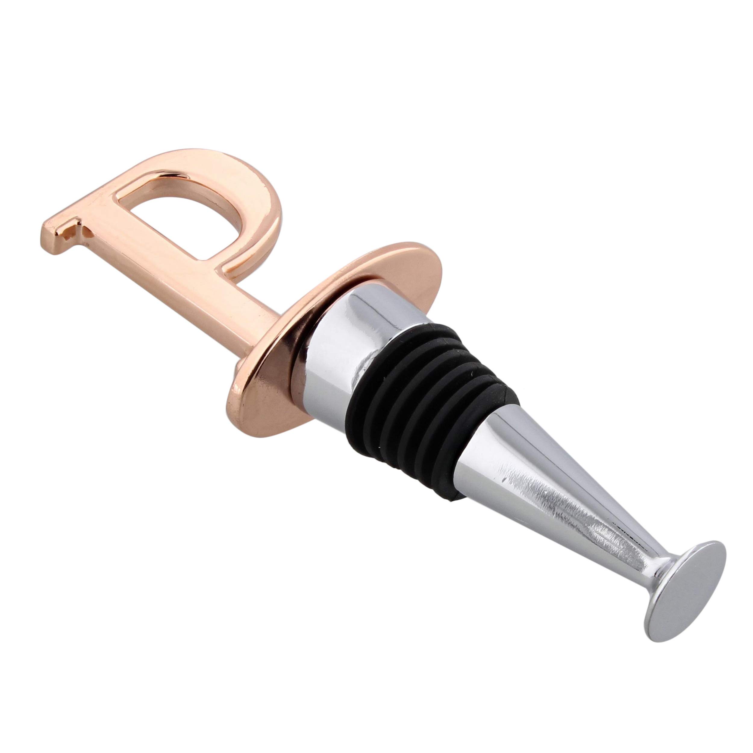 Tapón de vino para botella de vino con letra monogramada "P" en oro rosa, tapón sellador reutilizable de corcho de vino, 1 paquete