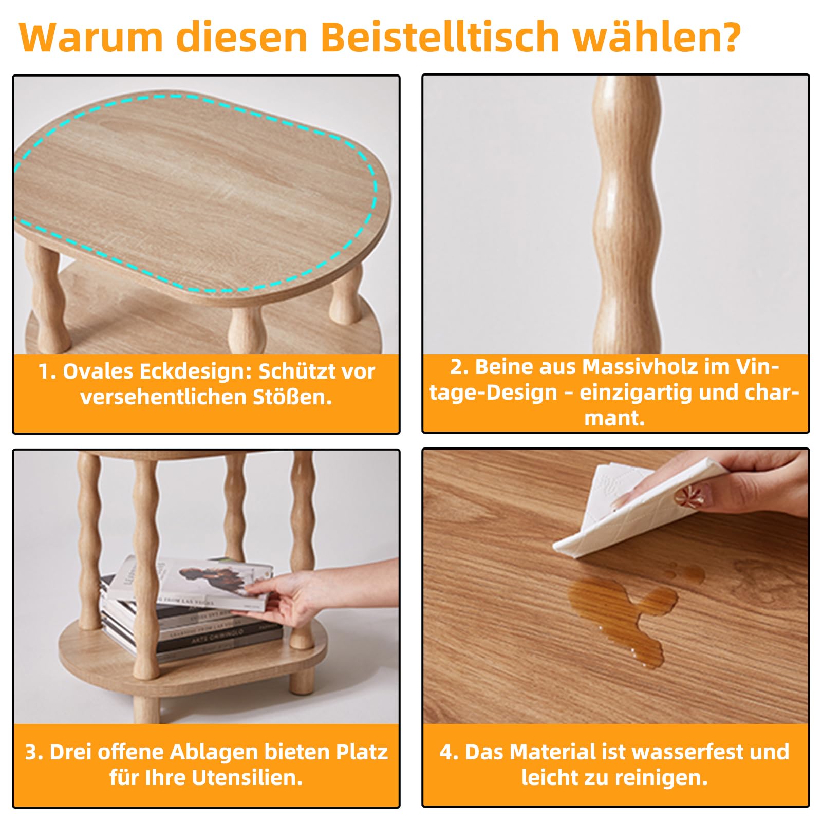 Aibiju 3-stufiger Beistelltisch mit Massivholzbeinen, Kleiner ovaler Beistelltisch, schmaler Couchtisch, Nachttisch im Industriestil mit Ablagefach für Schlafzimmer, Wohnzimmer, Flur, Eiche YD-ST004R