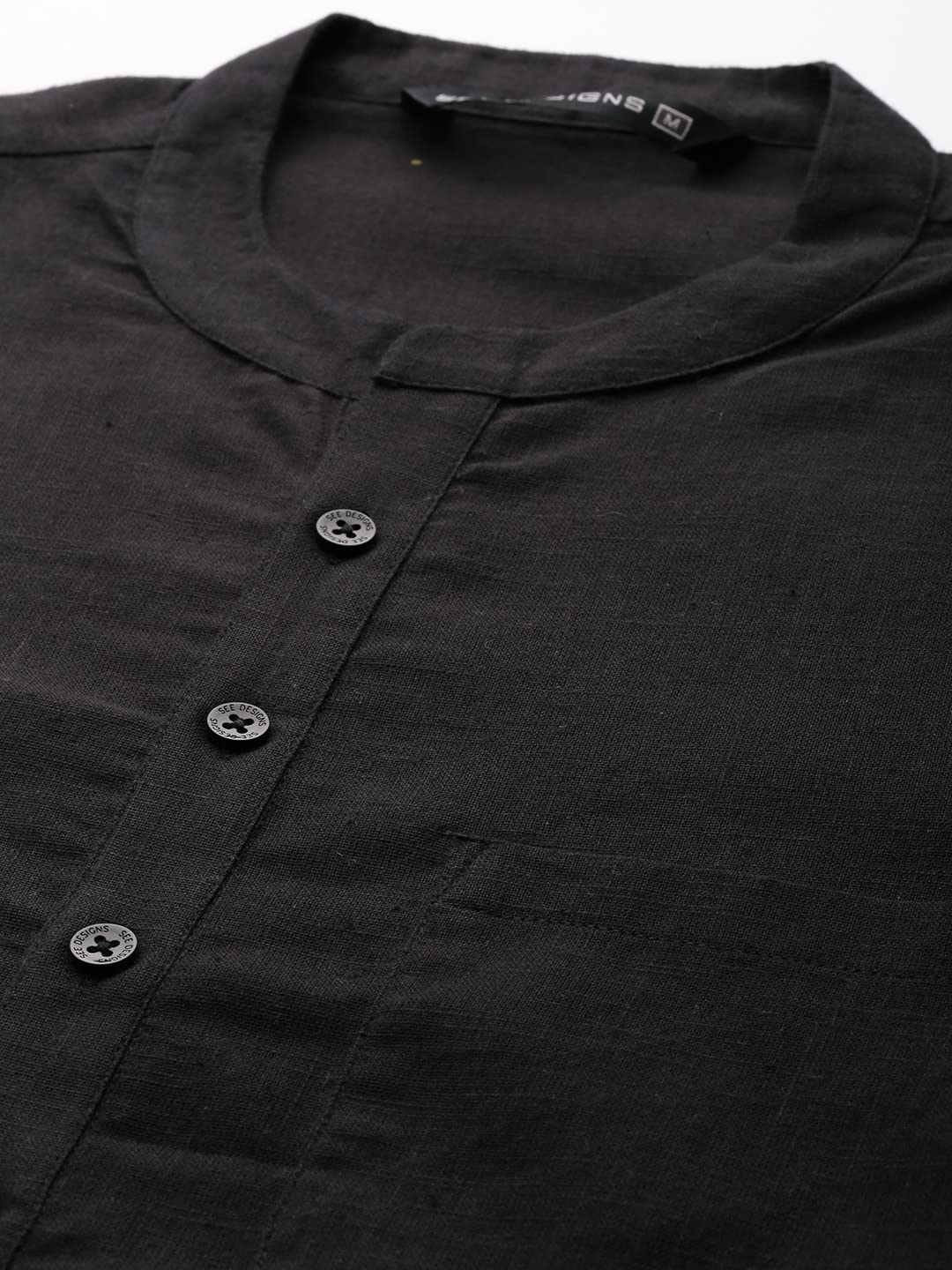See Designs Black Cotton Regular Fit Kurta Madern Collar Stright Hem Side Full Sleeve Straght Kurta_Sdkt1012Xs
