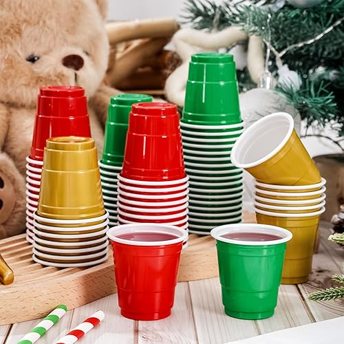 Miniatura 4 de Whaline 150 vasos de chupito de plástico de Navidad de 2 onzas desechables, mini vasos de chupito pequeños, rojo, verde, dorado, tazas de fiesta