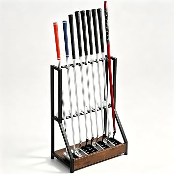 Golf Club Holder for 9 Clubs & 9 Balls, Solid Wood & Iron Golf Organizer, Golf Putter Holder Floor Stand, Golf Club Stand Suitable for Golf Simulators|Golf Course Accessories