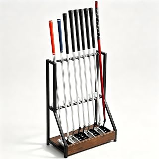 Golf Club Holder for 9 Clubs & 9 Balls, Solid Wood & Iron Golf Organizer, Golf Putter Holder Floor Stand, Golf Club Stand Suitable for Golf Simulators|Golf Course Accessories