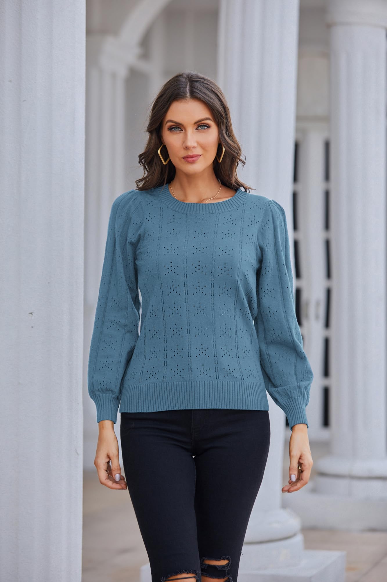 GRACE KARIN Maglia Elegante Donna a Manica Lunga con Scollo a Rotondo Tinta Unita