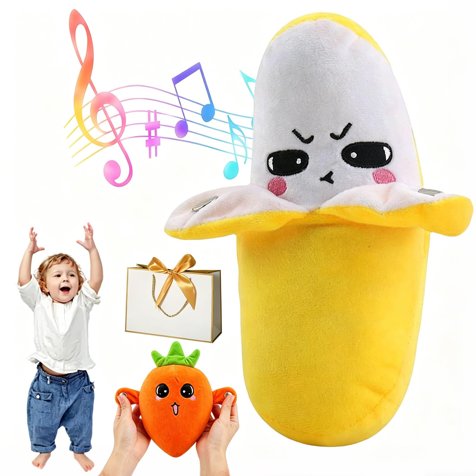 Interactive Music Plush Toy, – Fun & Playful Sound-Activated Toys, Touch Sensitive Soft Fruit Musical Toy for Child Learning & Group Play, Christmas and Birthday Gifts (Rechargeable battery,yellow)