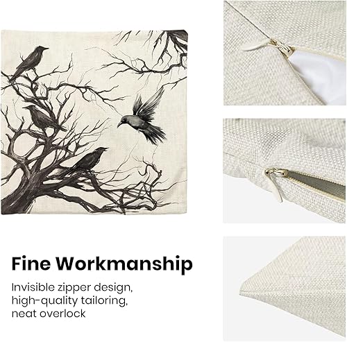 Miniatura 6 de Juego de 2 fundas de almohada de Halloween de 18 x 18 pulgadas 18.0 x 18.0 in., diseño de ramas de cuervos negros, fundas decorativas para cojín de