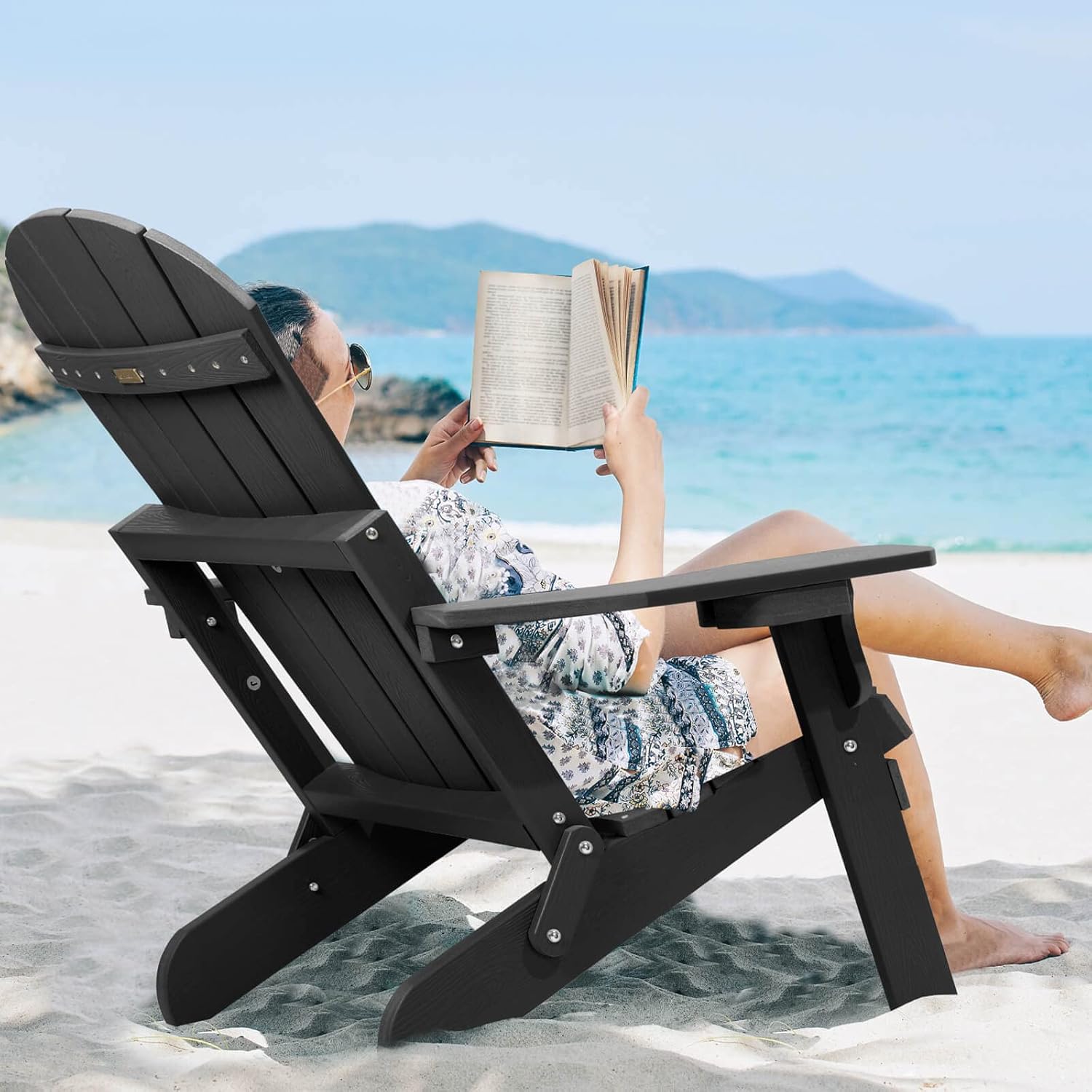 Folding Adirondack Chairs Set of 2, All Weather Resistant Plastic Chairs with Cup Holder, Fold or Unfold Easily in 1 Second, Outdoor Chairs for Patio, Garden, Backyard Deck, Lawn Fire Pit(Black)