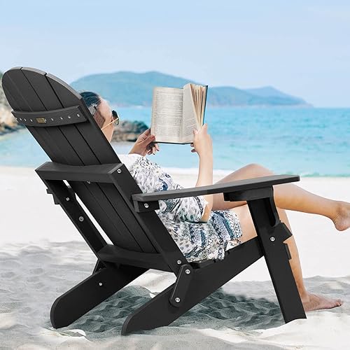 Miniatura 8 de Juego de 4 sillas plegables Adirondack de plástico resistentes a todo tipo de clima, con soporte para tazas, se pliegan o despliegan fácilmente en 1